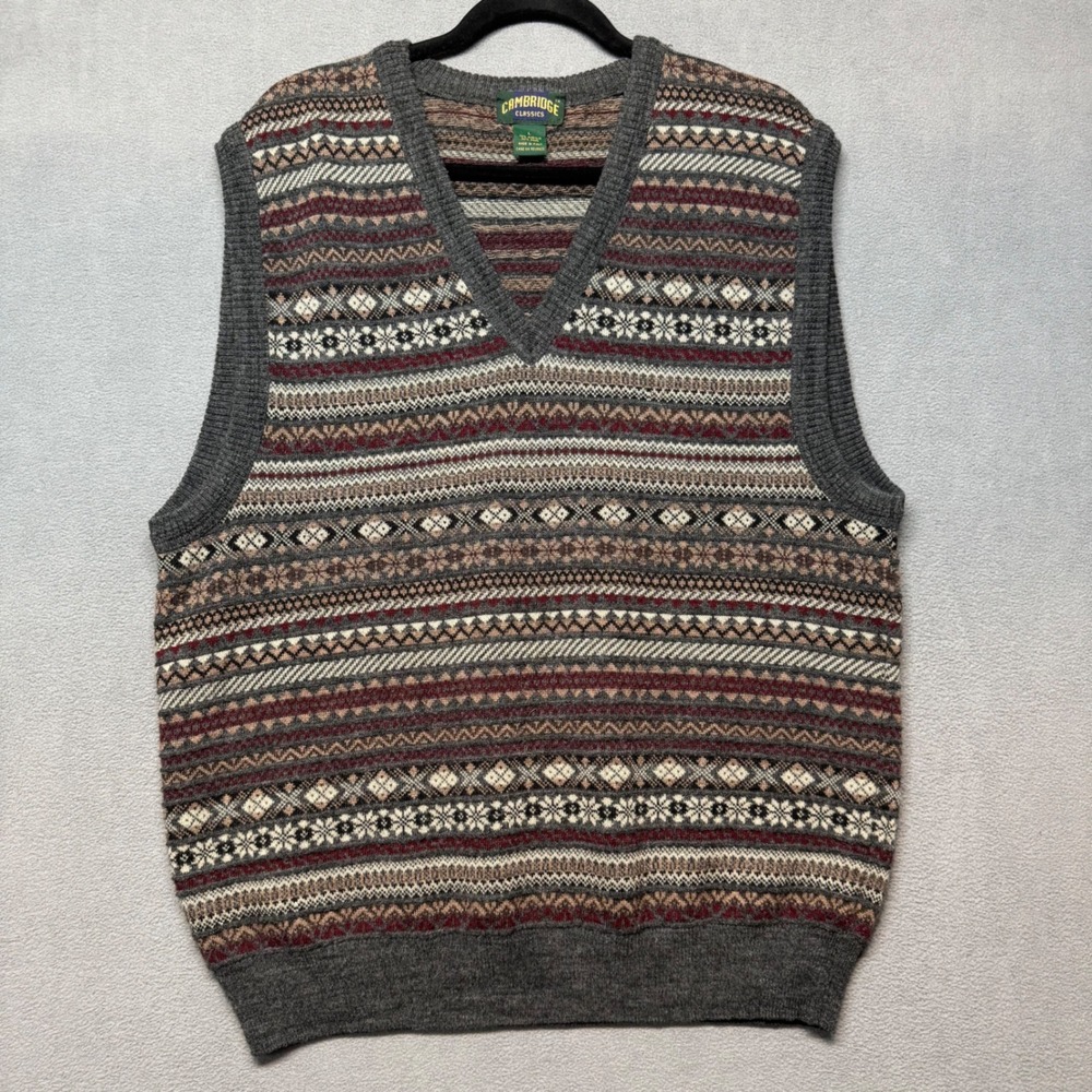Vtg Cambridge Classics Sweater Vest Fair Isle Knit Wool Blend L Multi Stripe